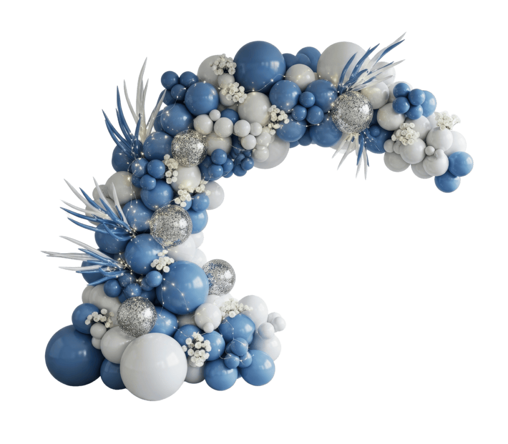 Blue and white balloon arch with silver glitter accents and decorative white flowers, arranged in a curved shape.