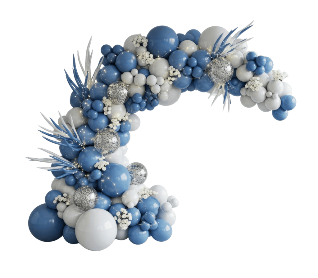 Blue and white balloon arch with silver glitter accents and decorative white flowers, arranged in a curved shape.