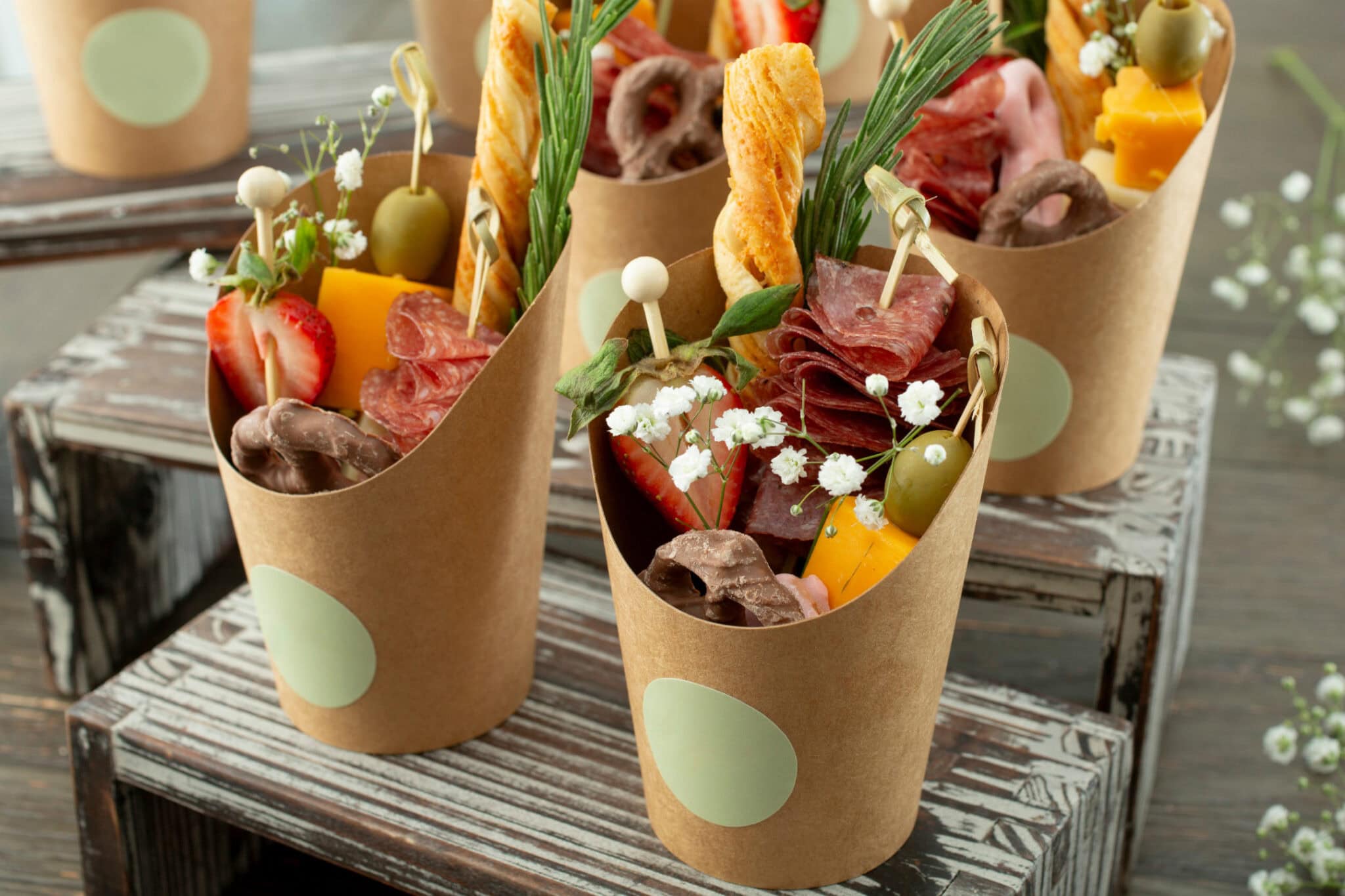 Three paper cones filled with assorted meats, cheeses, olives, and vegetables, garnished with herbs, on a rustic wooden surface.