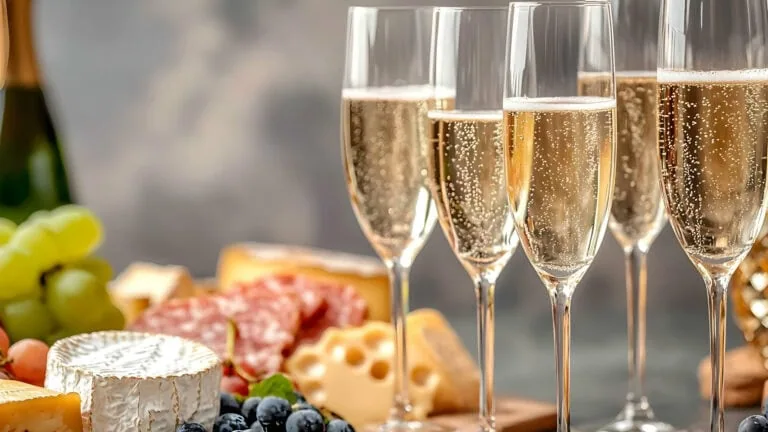 Champagne flutes filled with sparkling wine on a table with cheese, grapes, and charcuterie in the background.