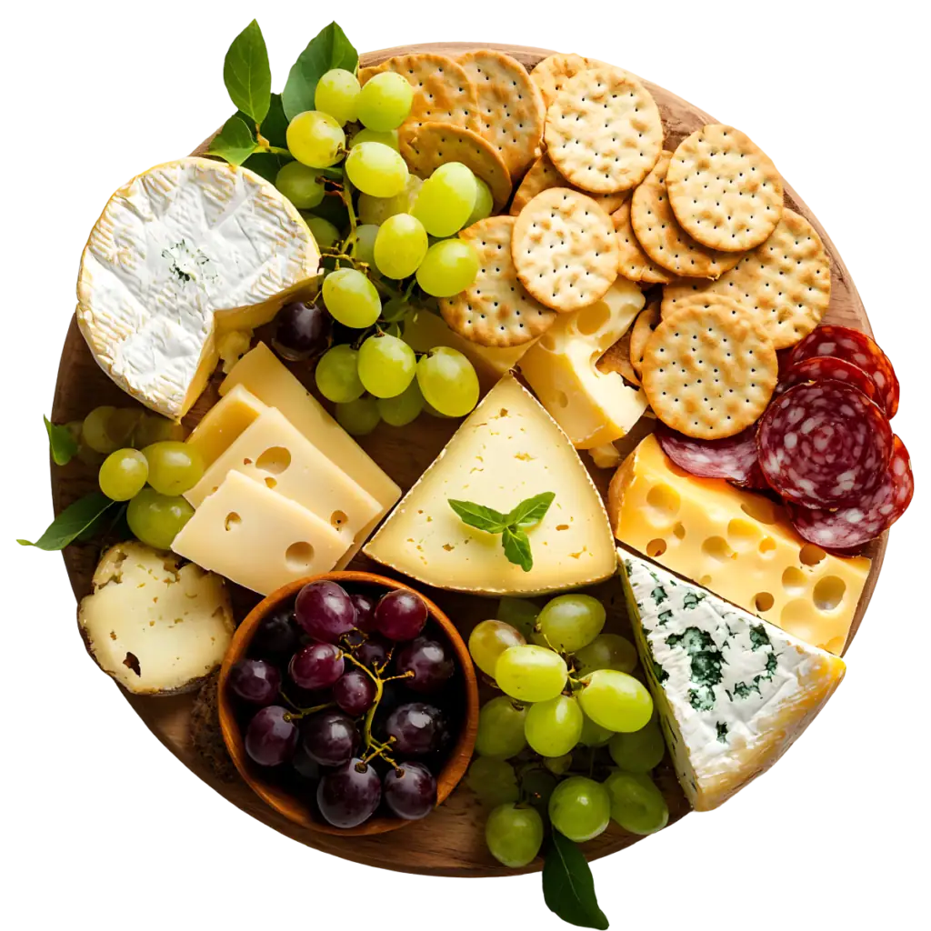 Assorted cheese platter with grapes, crackers, and cured meats on a wooden board.