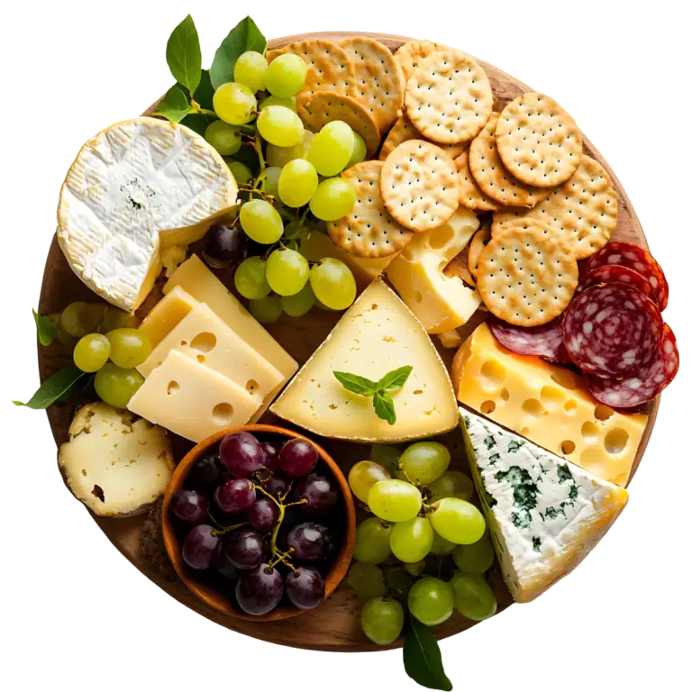 Assorted cheese platter with grapes, crackers, and cured meats on a wooden board.