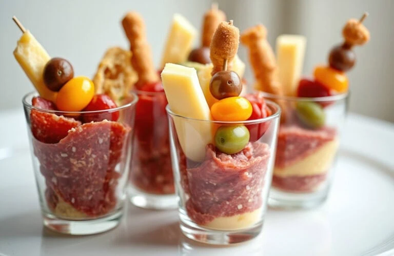 Glasses filled with layered meat and cheese, topped with olives, cherry tomatoes, breadsticks, and cheese sticks.