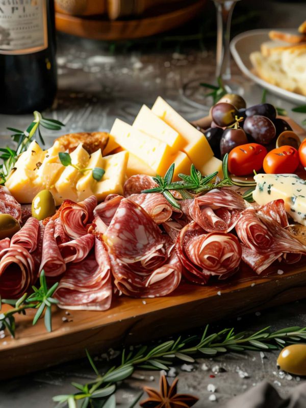 Charcuterie board with assorted cheeses, cured meats, grapes, cherry tomatoes, and crackers, accompanied by a glass of red wine on a rustic wooden table.