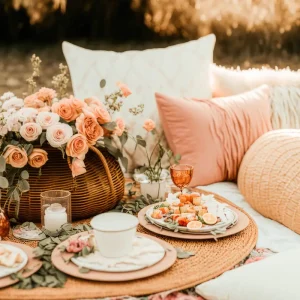A lush outdoor picnic setup with a wicker basket filled with pink and peach roses, surrounded by candles, teacups, and a plate of assorted pastries on a woven mat, with soft cushions and pillows in pa.